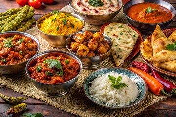 Vibrant arrangement of assorted Indian delicacies, including curries, naan, tandoori chicken, basmati rice, and sweet treats, beautifully presented on a traditional decorative tablecloth.