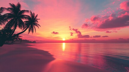 A silhouette of palm trees stands against a vibrant pink and orange sunset over a calm, tranquil ocean. The sky is filled with dramatic clouds, creating a sense of peace and beauty.