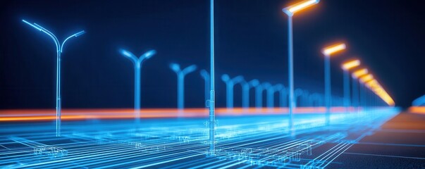 Blueprint of a street lighting system, electrical wiring and pole connections detailed