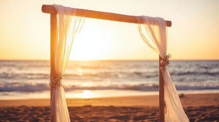 A romantic beach wedding setup featuring sheer drapes, a wooden arch, and a breathtaking sunset over the ocean.