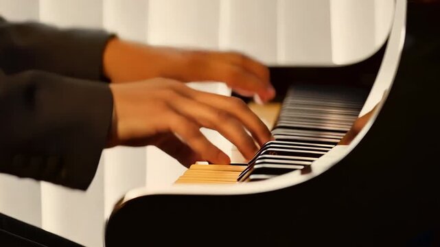 The pianist's hands play the piano keys. The concept depicts the skill and beauty of musical art