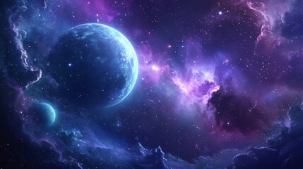 A stunning cosmic landscape featuring a vibrant blue planet, a smaller companion, and a swirling nebula in shades of purple and blue. It evokes a sense of wonder, mystery, and the vastness of the univ