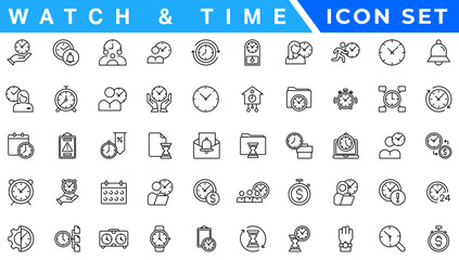 Watch,Time and clock, calendar, timer line icons. Vector linear icon set