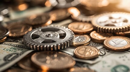 Close-up of a gear on a pile of coins and dollar bills, symbolizing finance, industry, and economic concepts in high detail.