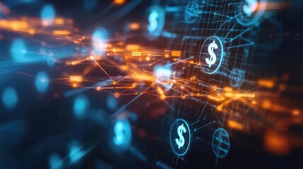 Obraz premium Innovative digital currency concept with glowing dollar symbols and network connections representing finance technology.