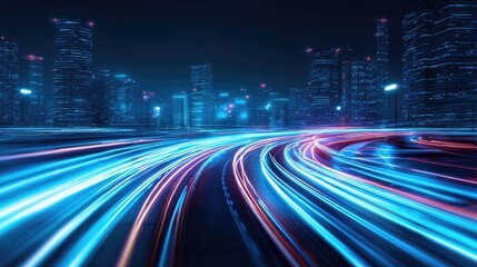 Obraz premium Dynamic cityscape at night with vibrant light trails from moving vehicles, showcasing urban energy and modernity.
