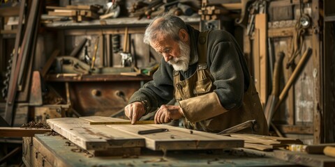 Elderly Craftsman Measuring Wood in Workshop