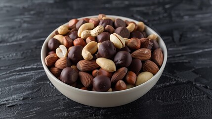 Fototapeta premium A bowl of mixed chocolate-covered nuts, including almonds, hazelnuts, and peanuts, placed on a sleek black coffee table.