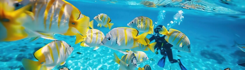 Naklejka premium A diver interacting with vibrant fish in a clear blue ocean, showcasing the beauty of underwater life and marine biodiversity.