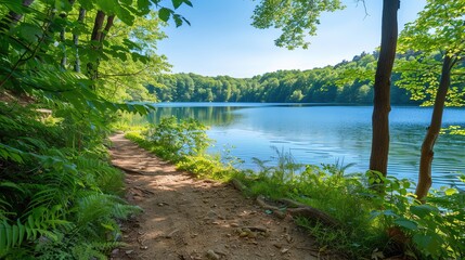A serene lakeside path surrounded by vibrant green foliage and clear blue water, perfect for nature lovers and peaceful strolls.
