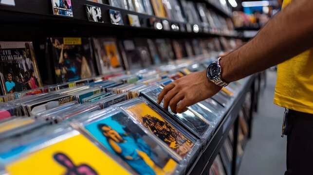 Vintage vinyl record store, people browsing albums