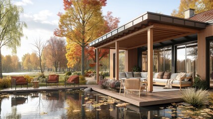 Fototapeta premium A modern lakeside retreat offers a serene setting with a porch, comfortable seating, and vibrant autumn leaves reflecting on the water