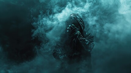 A figure in a dark hooded cloak stands amidst swirling fog, partially obscured, creating an eerie atmosphere in low light conditions