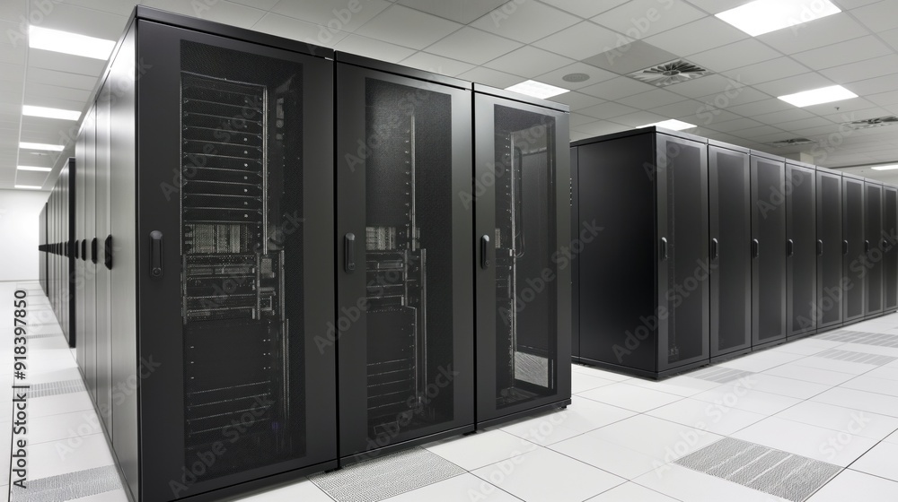 Poster rows of black server racks are arranged neatly in a well-lit data center, showcasing advanced techno