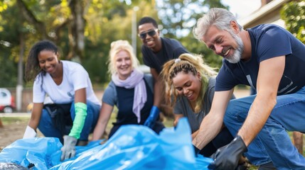 Volunteers gather to clean a local park, joyfully picking up litter and organizing waste in colorful bags while enjoying the warm afternoon sunshine
