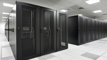 Rows of black server racks are arranged neatly in a well-lit data center, showcasing advanced technology essential for data management and storage