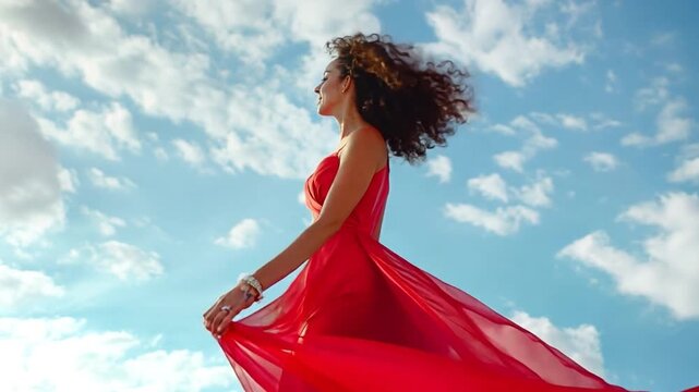 Chic Woman Wearing a Long Red Dress. Designer Model Wearing a Silk Evening Gown. Lovely Black Girl with Curly Hair waving in the breeze