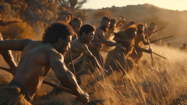 Team of cavemen ancient hunters around 10000 BC, deeply engaged in primal act of hunting prehistoric animals. Early humans demonstrate remarkable teamwork and strategic acumen