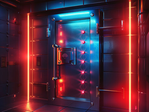 A high-security vault door with a fingerprint scanner, with glowing lights indicating a successful scan and access grantedHighly details , 8K
