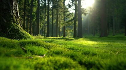 Sunlight streams through the towering trees, illuminating vibrant green moss covering the forest floor, creating a serene atmosphere during the early hours of the day