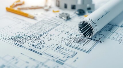 Closeup of a structural blueprint with reinforcement details, engineering focus