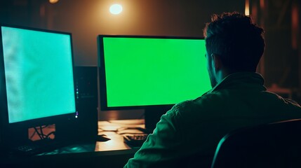 A man sitting at a desk in front of two computer monitors with a green screen