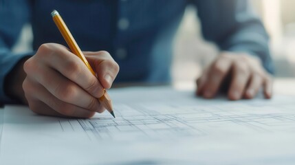 Closeup of hands working on a structural blueprint with a mechanical pencil