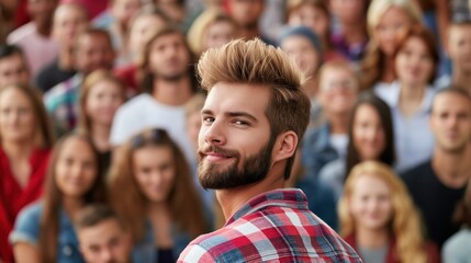 Fototapeta premium A young man with a stylish haircut is smiling warmly while facing the camera, surrounded by a diverse crowd of people enjoying a lively outdoor gathering