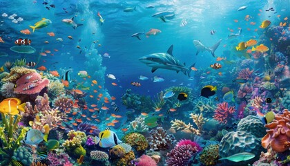 Colorful coral reef bustling with marine life during midday in a vibrant underwater ecosystem