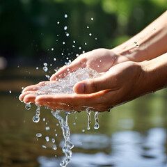 Fototapeta premium hand and water/ Hands holding clean water, World water day banner, protect water 