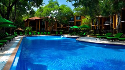 Fototapeta premium A large swimming pool surrounded by lounge chairs and umbrellas