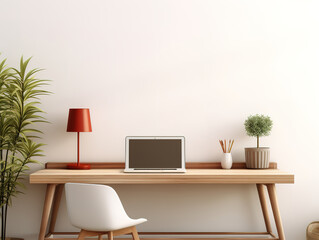 Wonderful Interior room has a table with laptop on empty white wall background, Room decoration