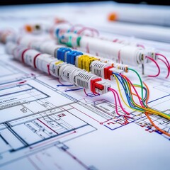 Closeup of a blueprint showing emergency power system wiring, detailed electrical plans