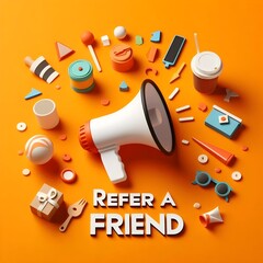 Generative AI  An engaging setup with a megaphone, coffee cups, and various paper items, highlighting a referral program's friendly vibe.

