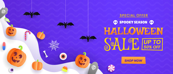 Cheerful Papercut Halloween sale backdrop featuring pumpkins, spiders, bats, flags, and a glowing fiesta lamp. Perfect for a party flyer or invitation template. EPS 10 vector illustration.