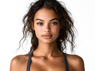 Fototapeta premium Portrait of a confident woman in a sporty summer sports bra, with loose hair cascading over her shoulders, isolated on transparent background