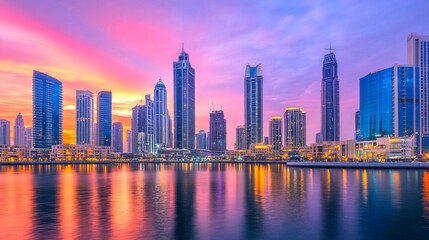 Obraz premium Stunning city skyline at dusk with vibrant colors reflecting on the water. Urban landscape with tall buildings and a beautiful sunset. Ideal for cityscape and travel themes. AI