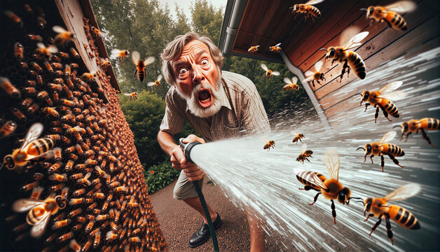 Elderly man panicking while spraying water at a swarm of bees outside his wooden house