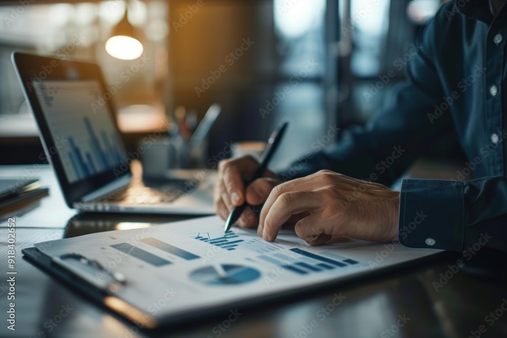 Poster close up of a person reviewing financial graphs and charts in an office setting