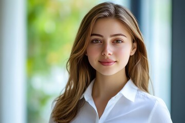 Fototapeta premium Portrait of a Young Woman with Long Brown Hair and a White Shirt