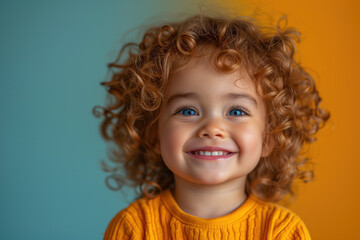 Naklejka premium Happy little cute child kid baby boy, 4-5 years old, colorful background, children studio portrait, love family, parenthood and childhood concept