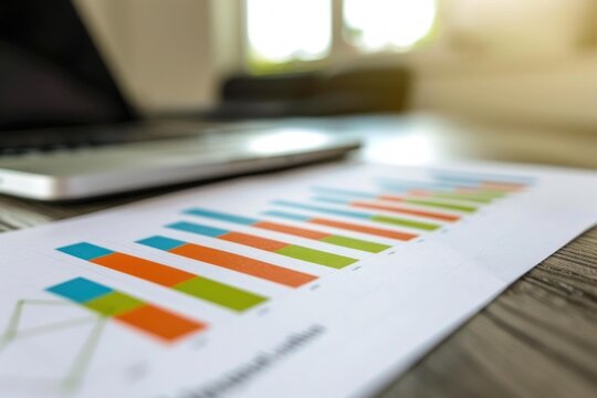 Close up of a printed bar chart with vibrant colors, blurred laptop and window background