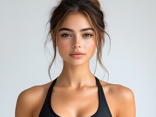 A beautiful woman in a sleek summer sports bra, with a natural and fresh look, isolated on transparent background