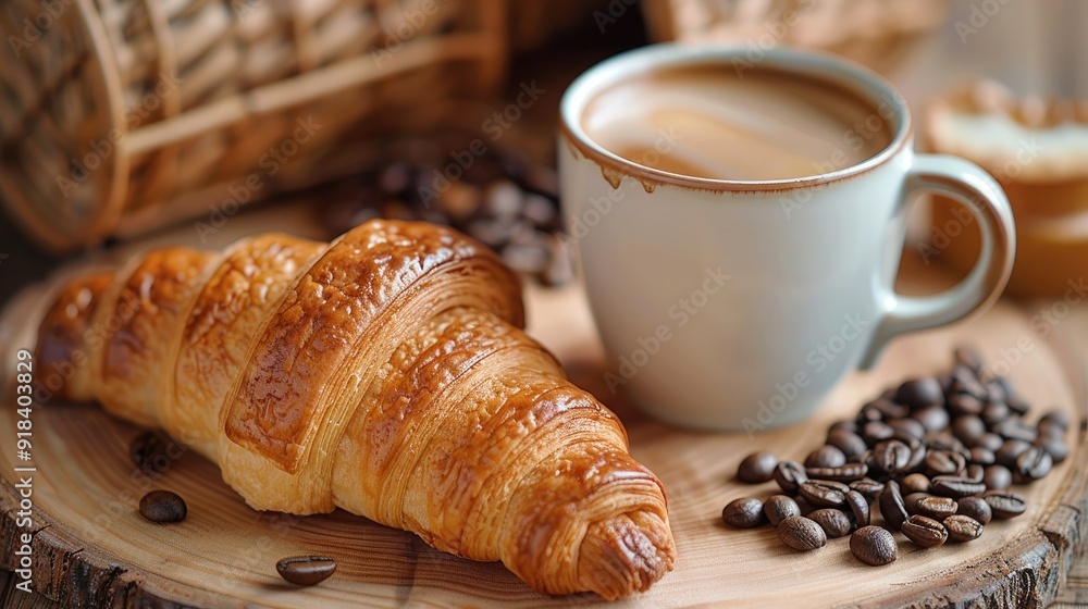 Wall mural croissant and coffee hd 8k wallpaper stock photographic image