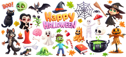 Fototapeta premium Big set of different cartoon Halloween creatures and objects isolated on white or transparent background, png clipart, design element. Easy to place on any other background.