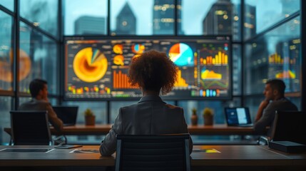 Team analyzing business data on large screens in a modern office with cityscape backdrop, focusing on strategy.