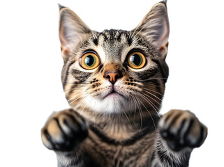 Portrait of a funny surprised cat, closeup, isolated on transparent background, png