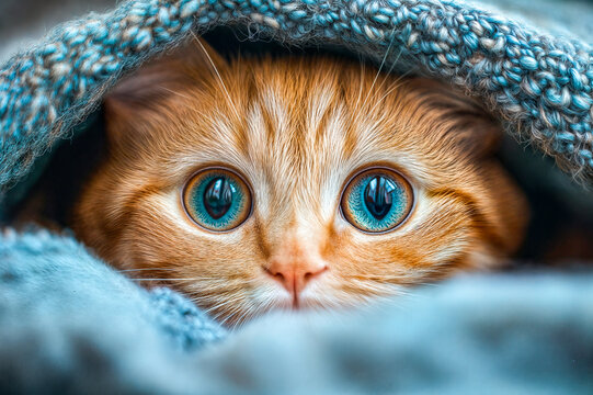 Chaton roux cach&eacute; sous une couverture avec des yeux bleus grand ouverts