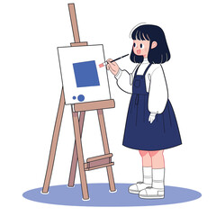 Cute cartoon girl standing by an easel, ready to paint.
