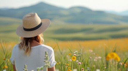 Woman Enjoying a Colorful Wildflower Field on a Sunny Day